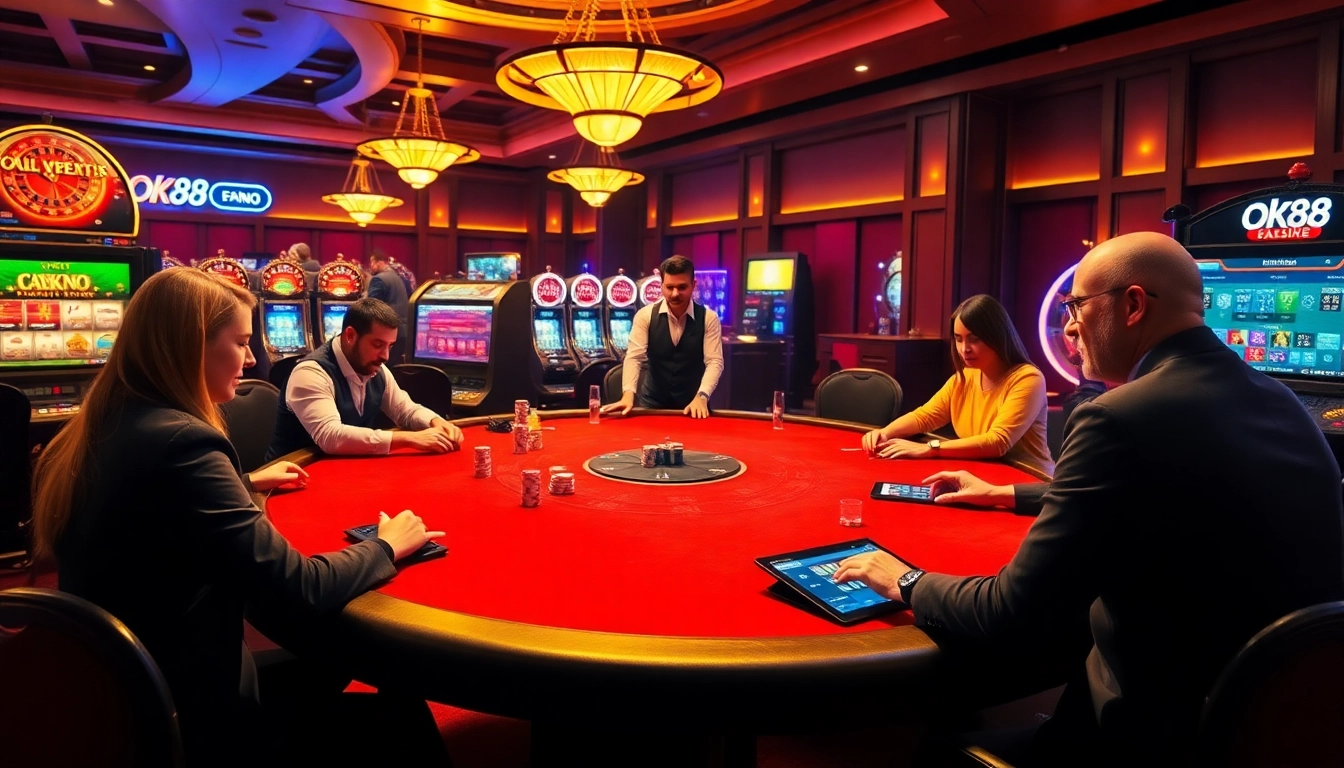 Experience high-stakes poker at ok88 with vibrant gaming tables and digital interfaces.