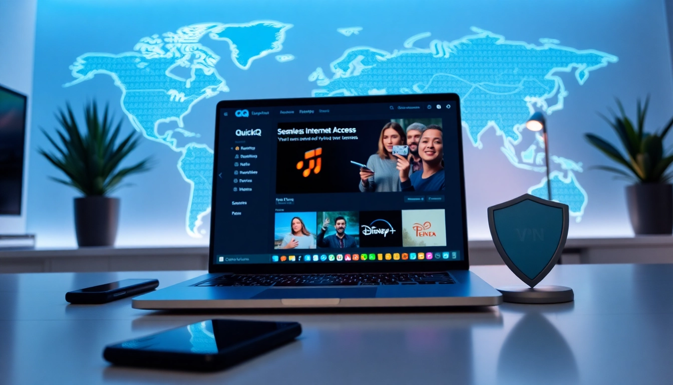 在笔记本电脑上显示的 QuickQ VPN 界面，强调全球安全上网。