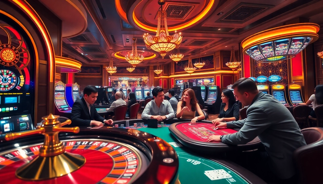Players enjoying a lively casino atmosphere at GG88 with roulette, slots, and poker tables.