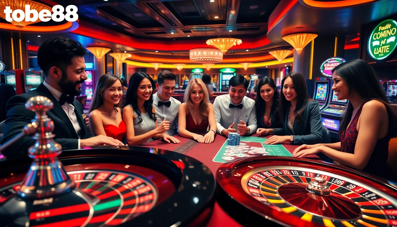 Players enjoying excitement and luxury at tobet88 casino with vibrant gaming tables and slot machines.
