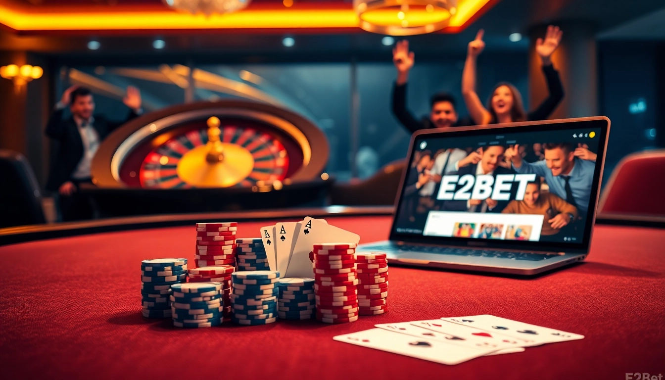 E2BET gaming table with poker chips and vibrant roulette wheel celebrating wins.