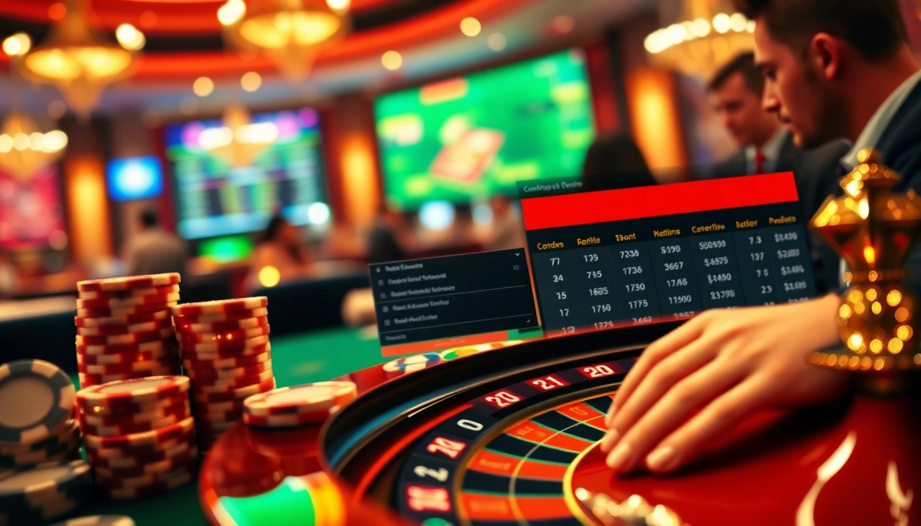 Sbobet online betting interface showcasing excitement with poker chips and a roulette wheel.