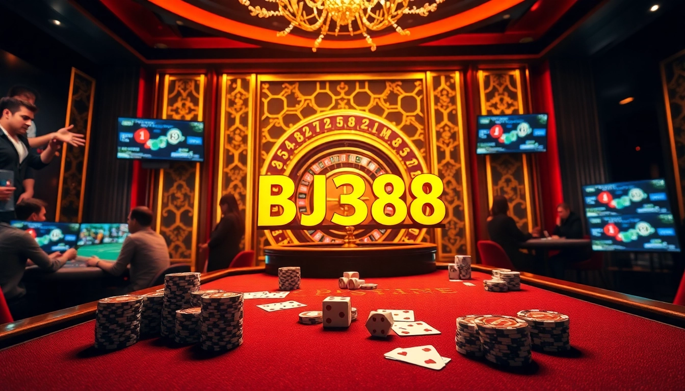 BJ388 players enjoying poker and roulette in a luxurious casino setting, showcasing excitement and professional gaming.