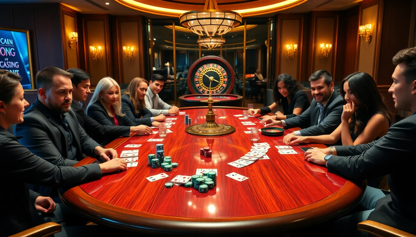 Engaged poker players strategizing for a 32 win at a luxurious casino table.