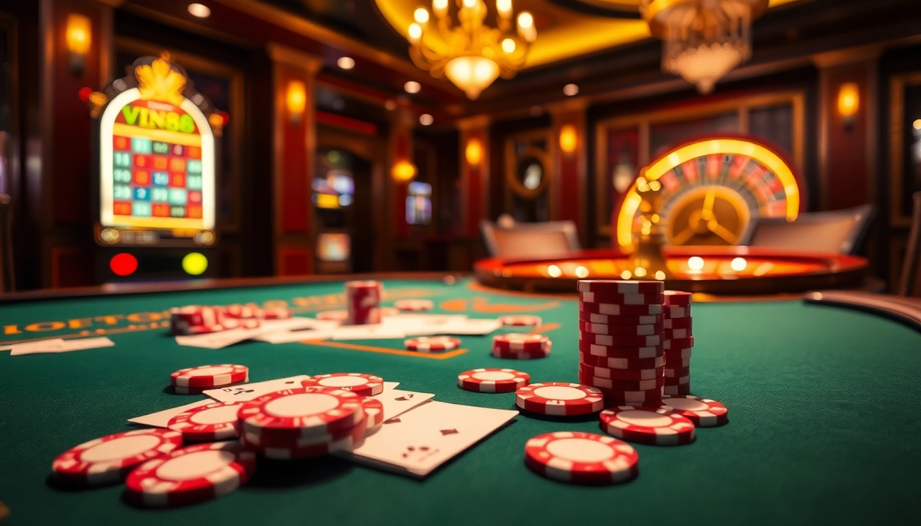 Experience vin88's thrilling casino atmosphere with vibrant cards, chips, and a glowing roulette wheel.