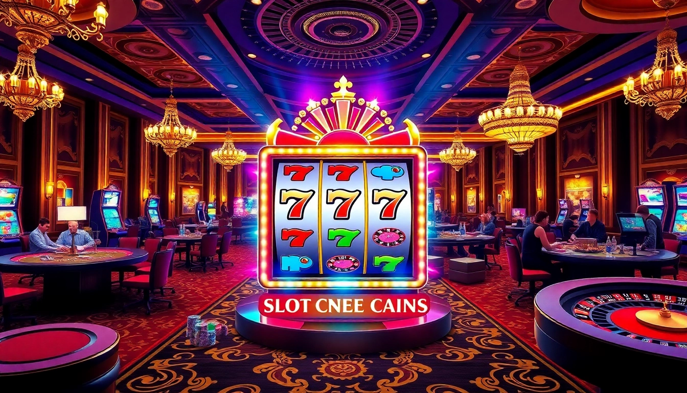 Experience the excitement of slot777 with vibrant casino visuals, featuring spinning slot machines and engaging gameplay.