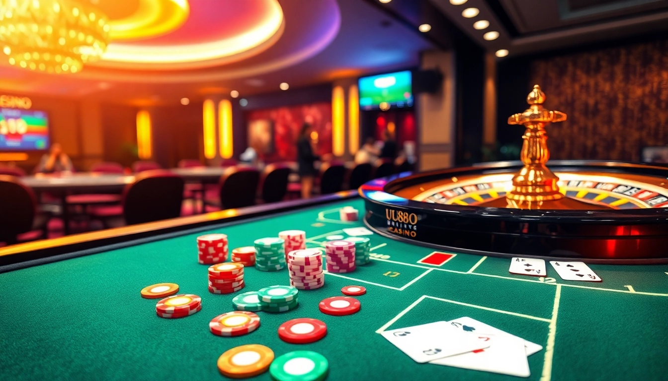 Playing at UU88 con online casino table with vibrant chips and cards.