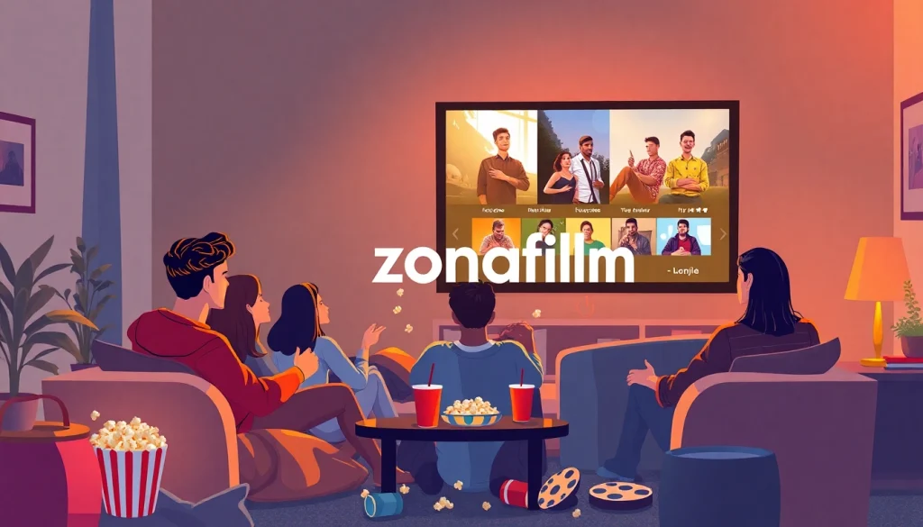 Enjoying a movie night with friends on zonafilm, showcasing a cozy living room and vibrant film selection.
