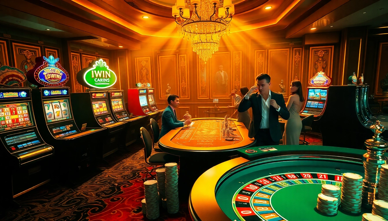 IWIN casino scene showcasing luxurious poker tables, vibrant slot machines, and a thrilling roulette wheel.