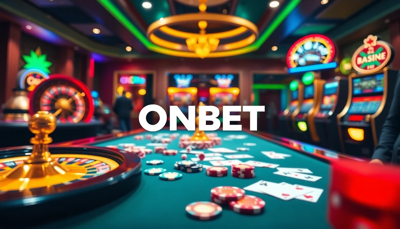 Experience thrilling casino action with ONBET interface, featuring vibrant roulette and poker elements.