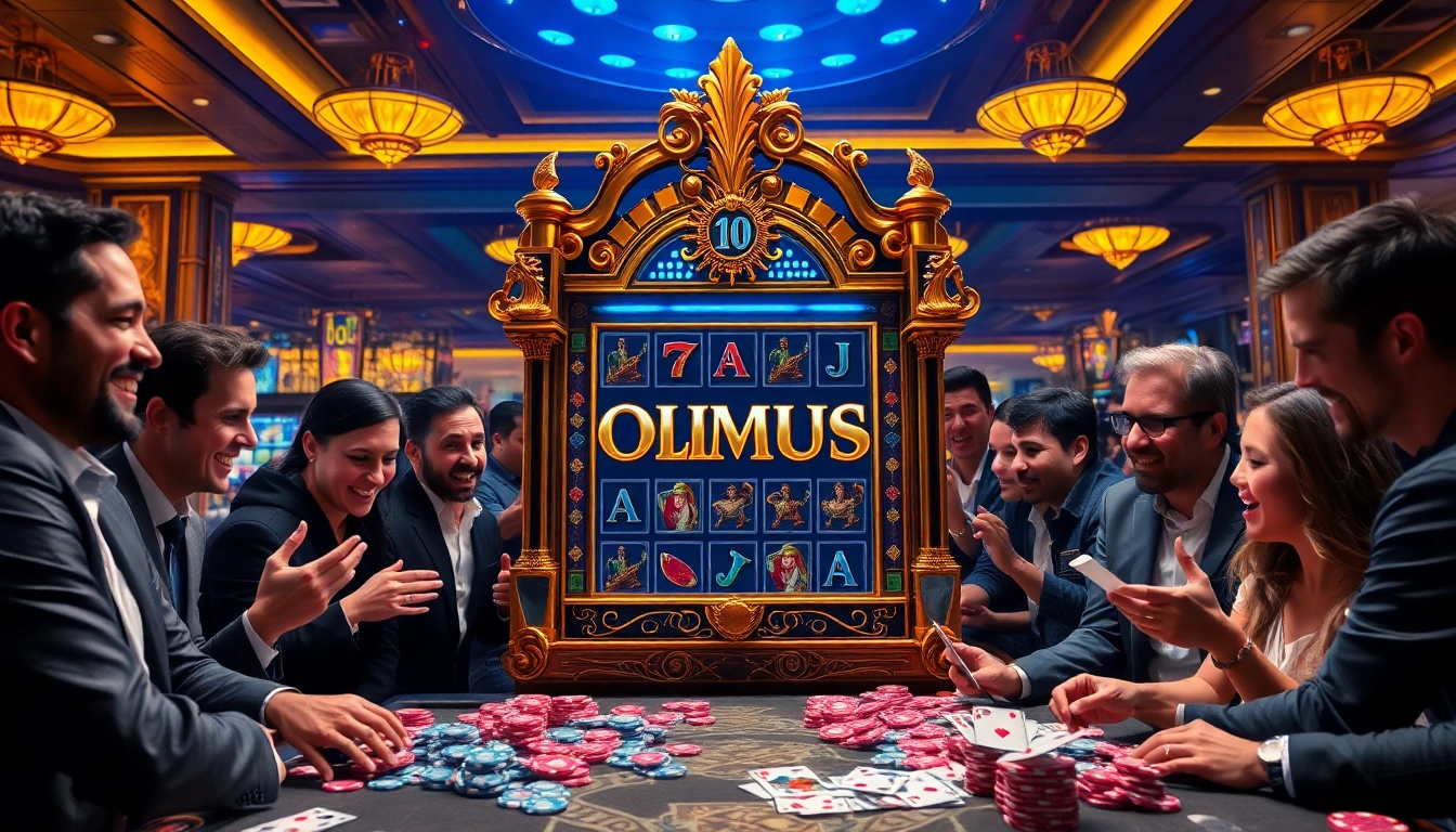 Win on the Olympus slot machine with players enjoying a luxurious casino atmosphere.