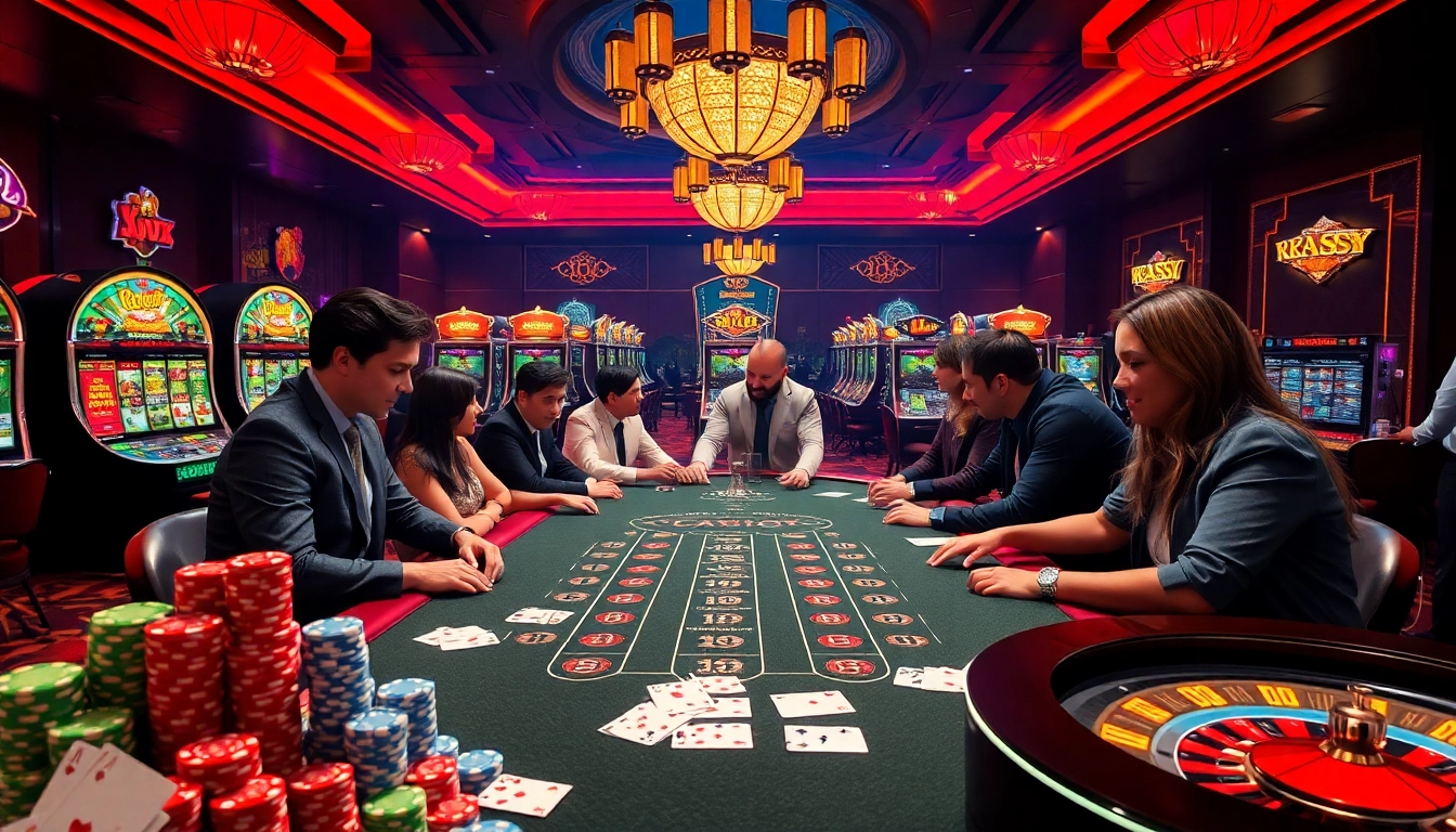 A vibrant scene at k9k9 casino showcasing players at a blackjack table, poker chips, and slot machines.