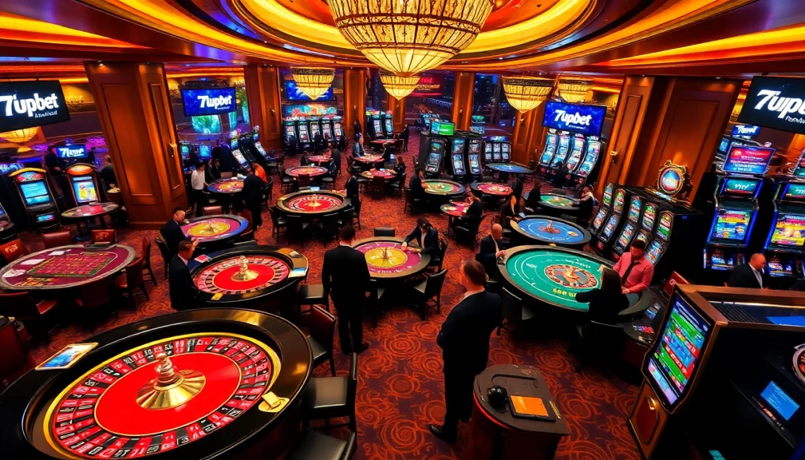 Exciting casino scene showcasing games and players, featuring the 7upbet brand.