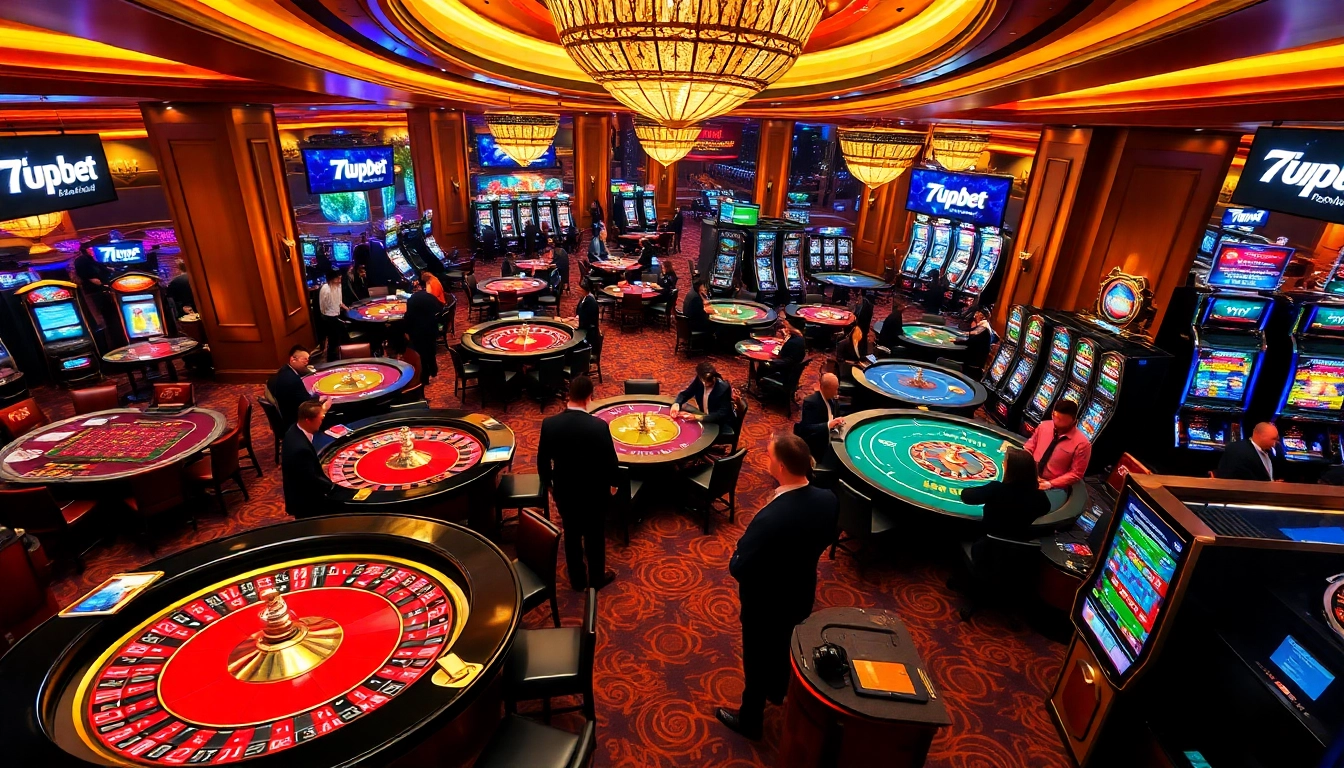 Exciting casino scene showcasing games and players, featuring the 7upbet brand.