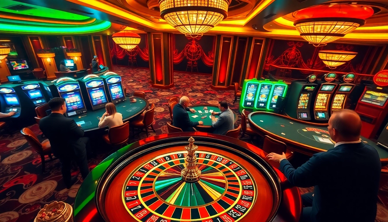 Experience Gk88 gaming excitement at a luxurious casino with vibrant roulette and poker tables.