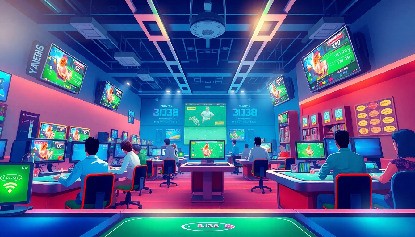 Exciting BJ38 online gaming scene with cockfighting and casino tables bustling with players.