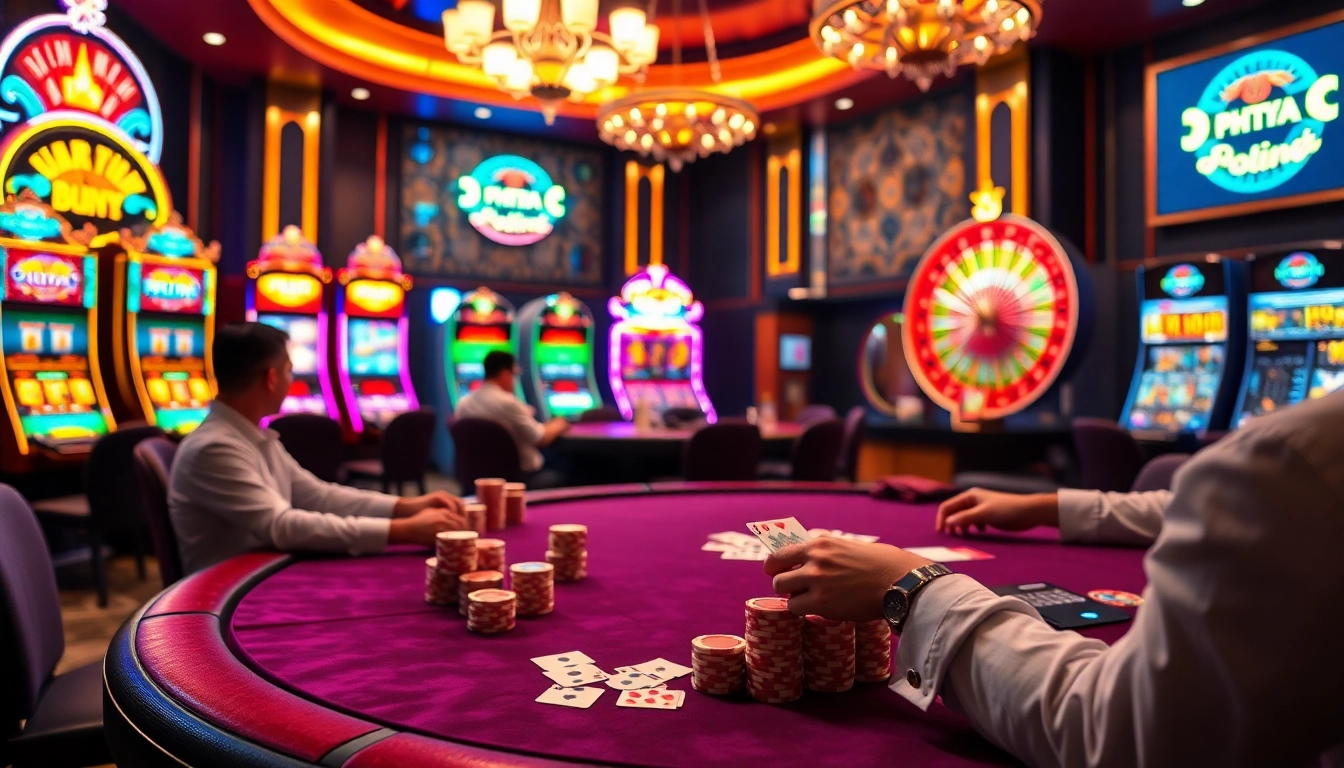 PHTAYA players enjoying a high-stakes poker game in a vibrant online casino setting.