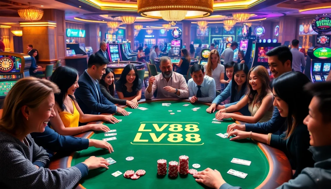 Players enjoying a thrilling game at LV88's luxurious poker table with vibrant casino elements.