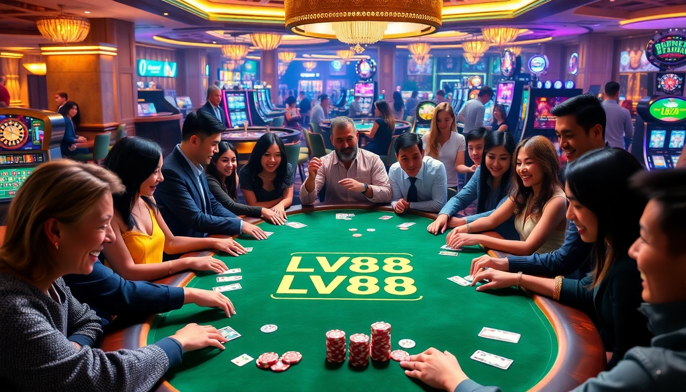 Players enjoying a thrilling game at LV88's luxurious poker table with vibrant casino elements.