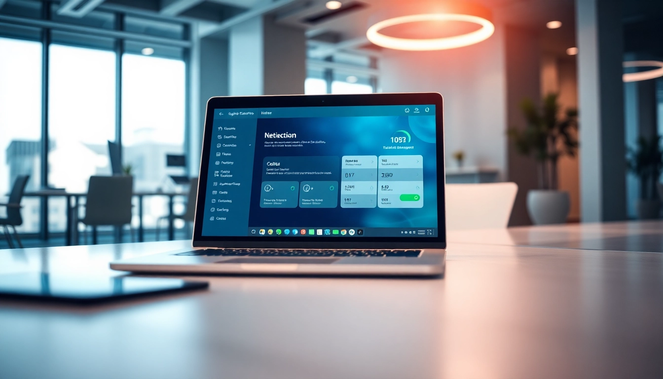 快连下载 app interface on a sleek laptop in a modern office setting