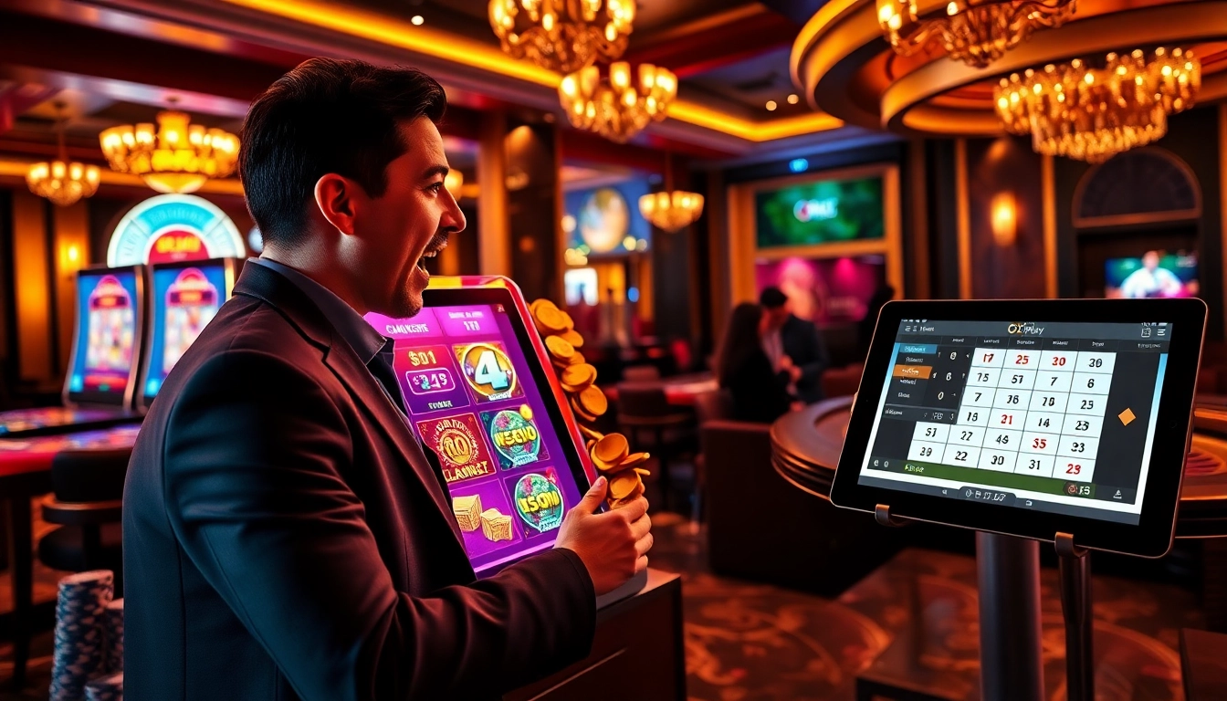 Excited gambler enjoying Oxplay slot machine with vibrant gameplay and cascading coins.
