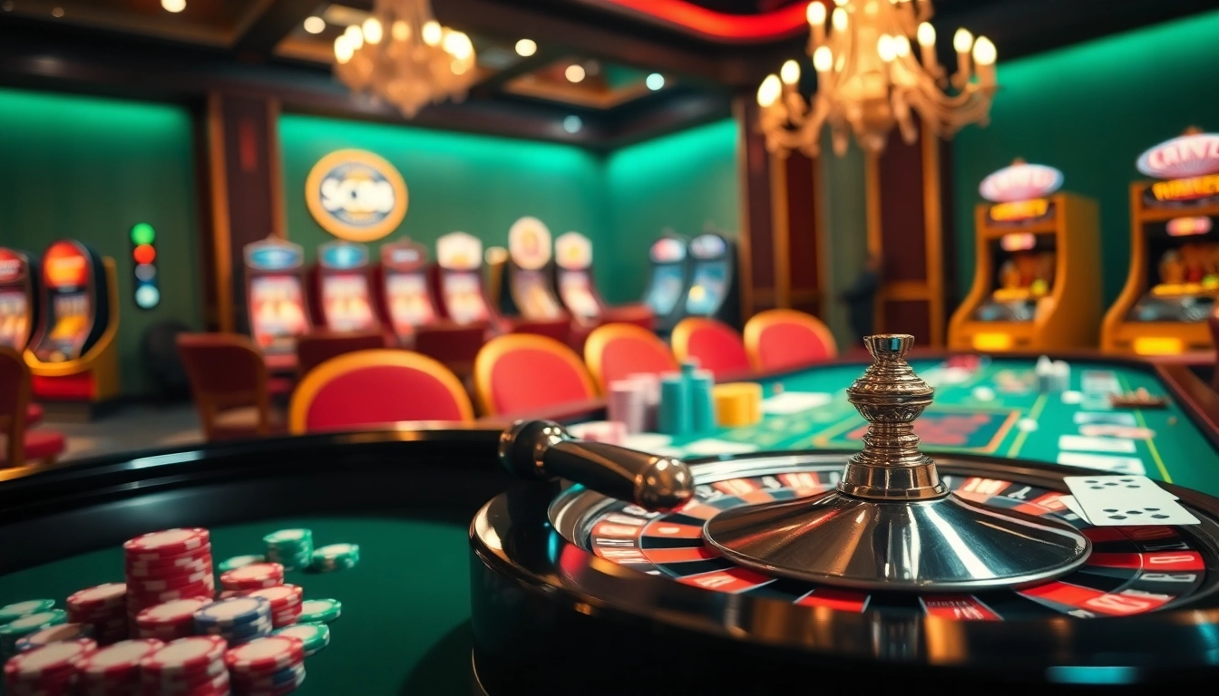 Experience the thrill of SC88 at a luxurious casino with vibrant poker chips, cards, and a roulette wheel.
