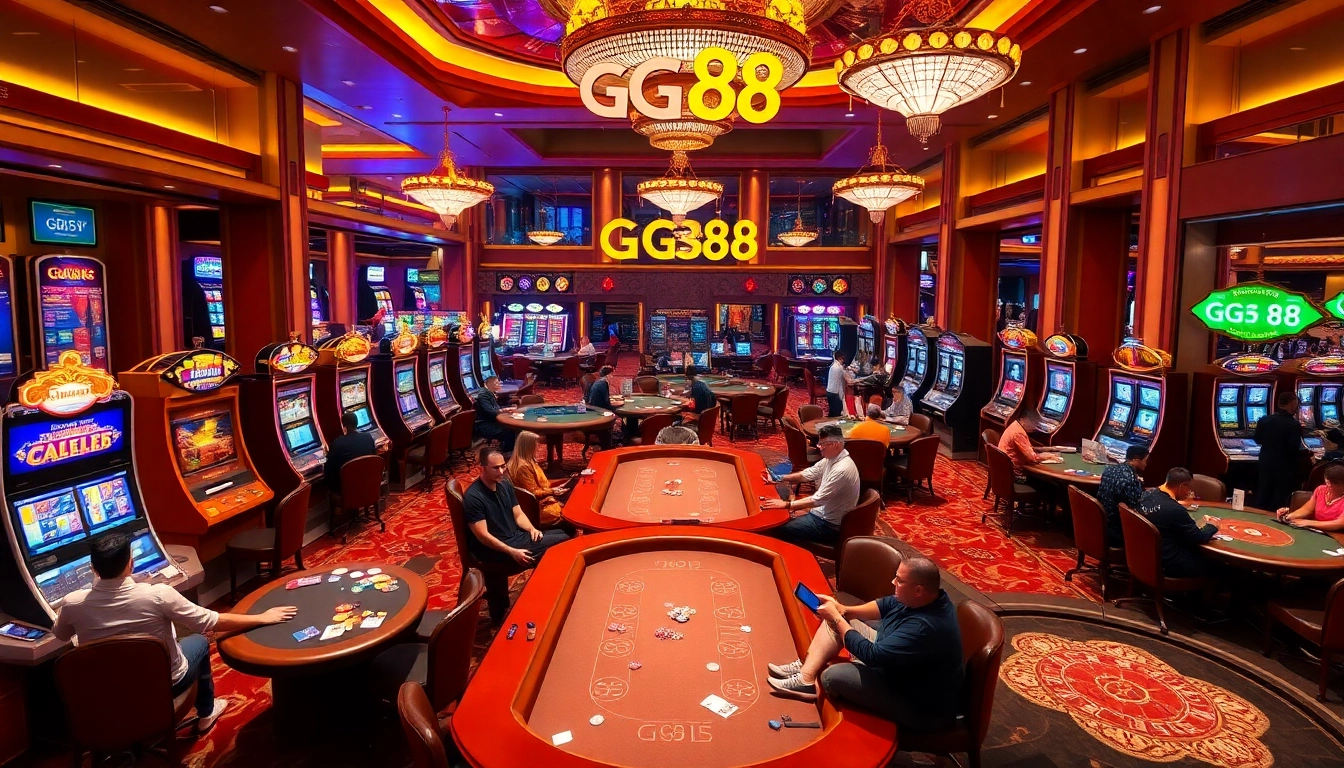 Exciting gaming action at GG88 casino with diverse players and stunning slot machines.
