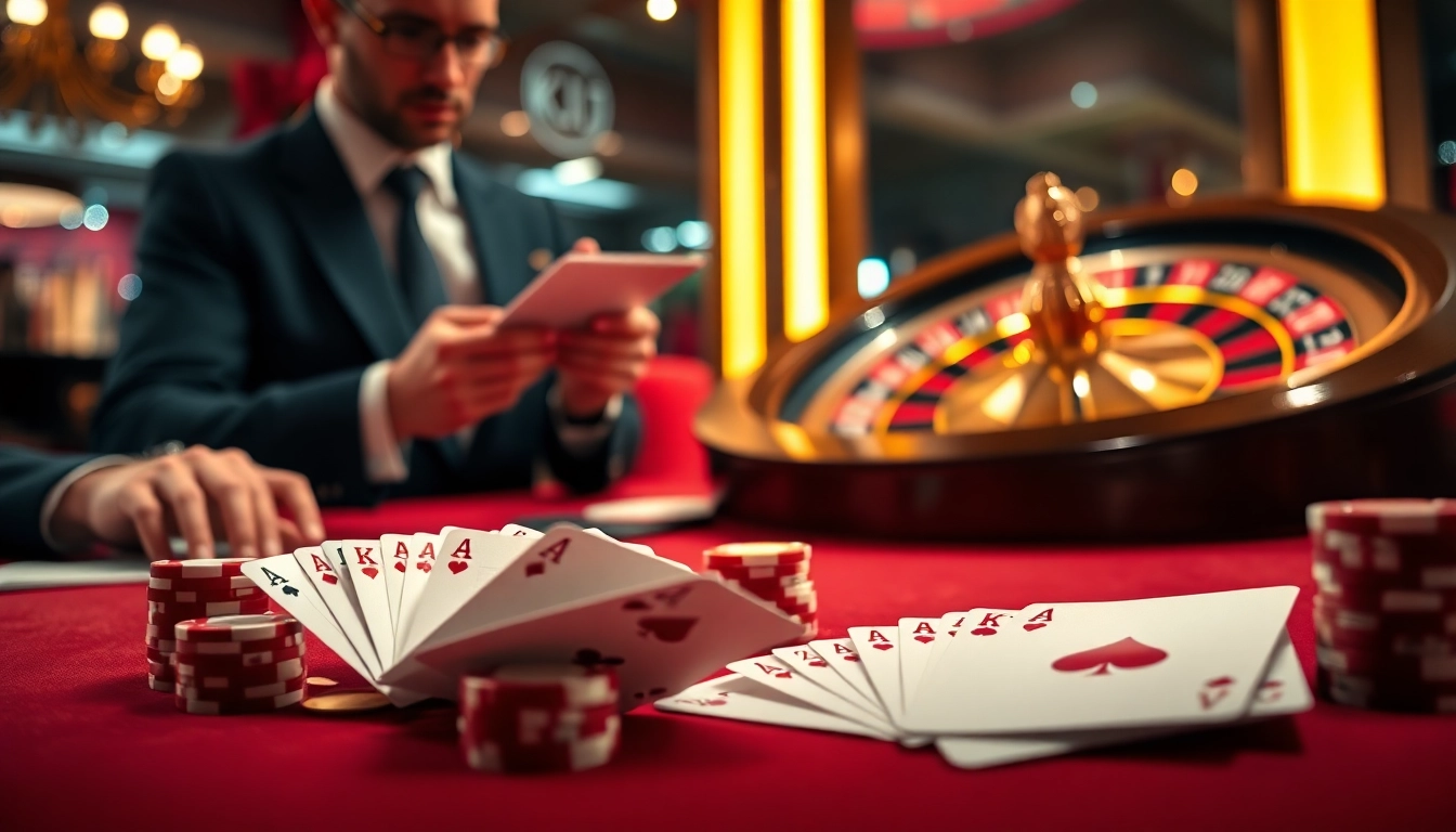 KJC players strategizing their moves at a luxurious casino table full of poker chips and cards.