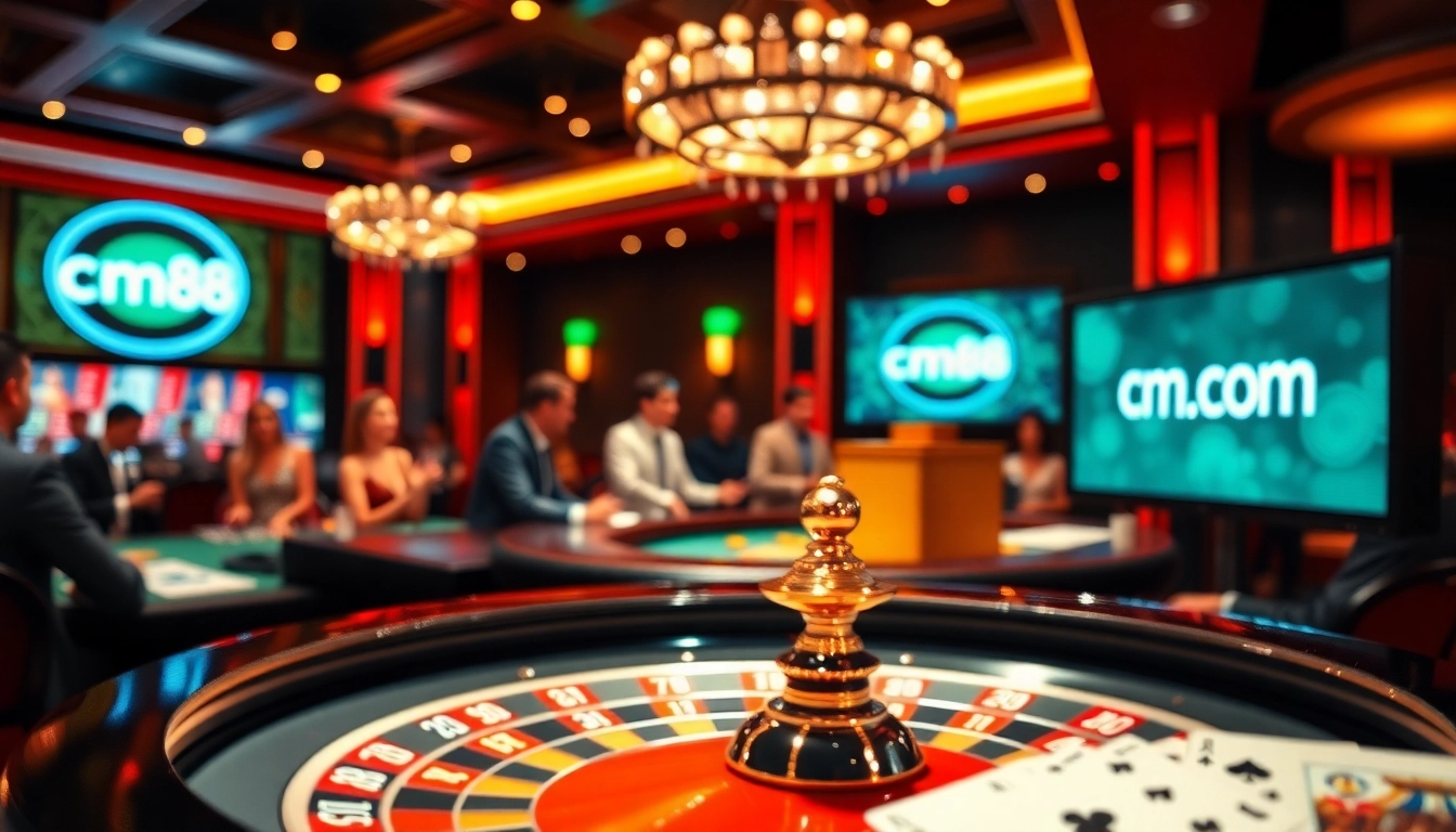 Players engage in thrilling roulette action at cm88 com, with vibrant chips and cards setting a luxurious casino scene.