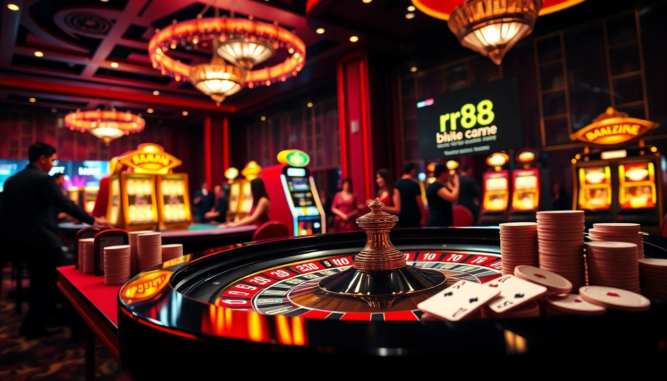 Exciting casino scene with vibrant gaming action and rr88 link interface.