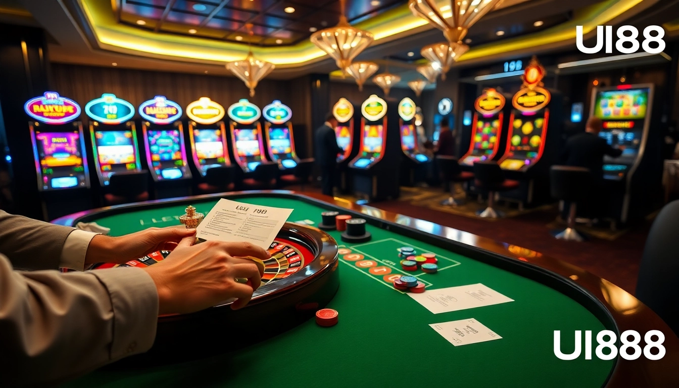 Experience the thrill of gambling with UU88 as players place bets at a luxurious casino roulette table.