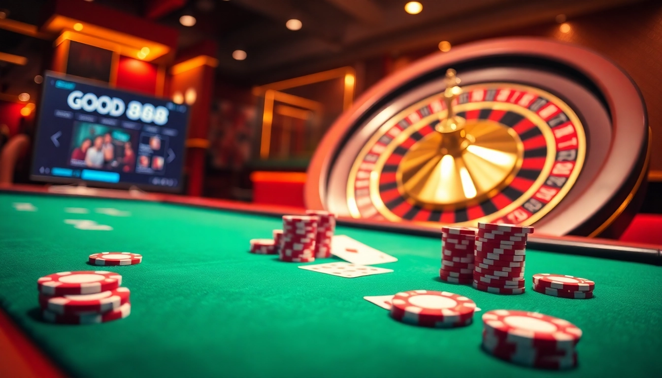 Players enjoying a poker game at GOOD88 with vibrant casino elements.