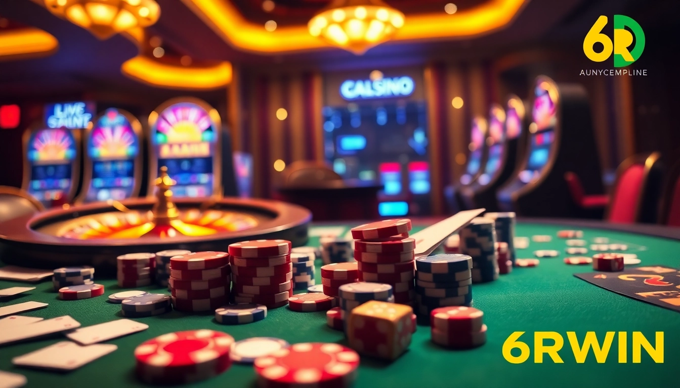 Experience excitement at the 6RWIN casino tables with vibrant chips and cards in action.
