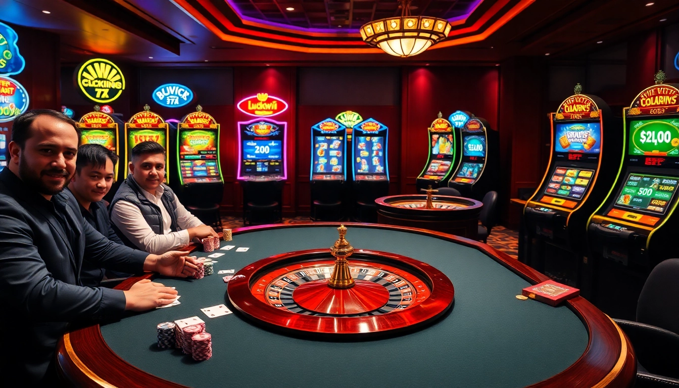 Players enjoying a thrilling game of poker and slots at a luxurious Luckywin casino.
