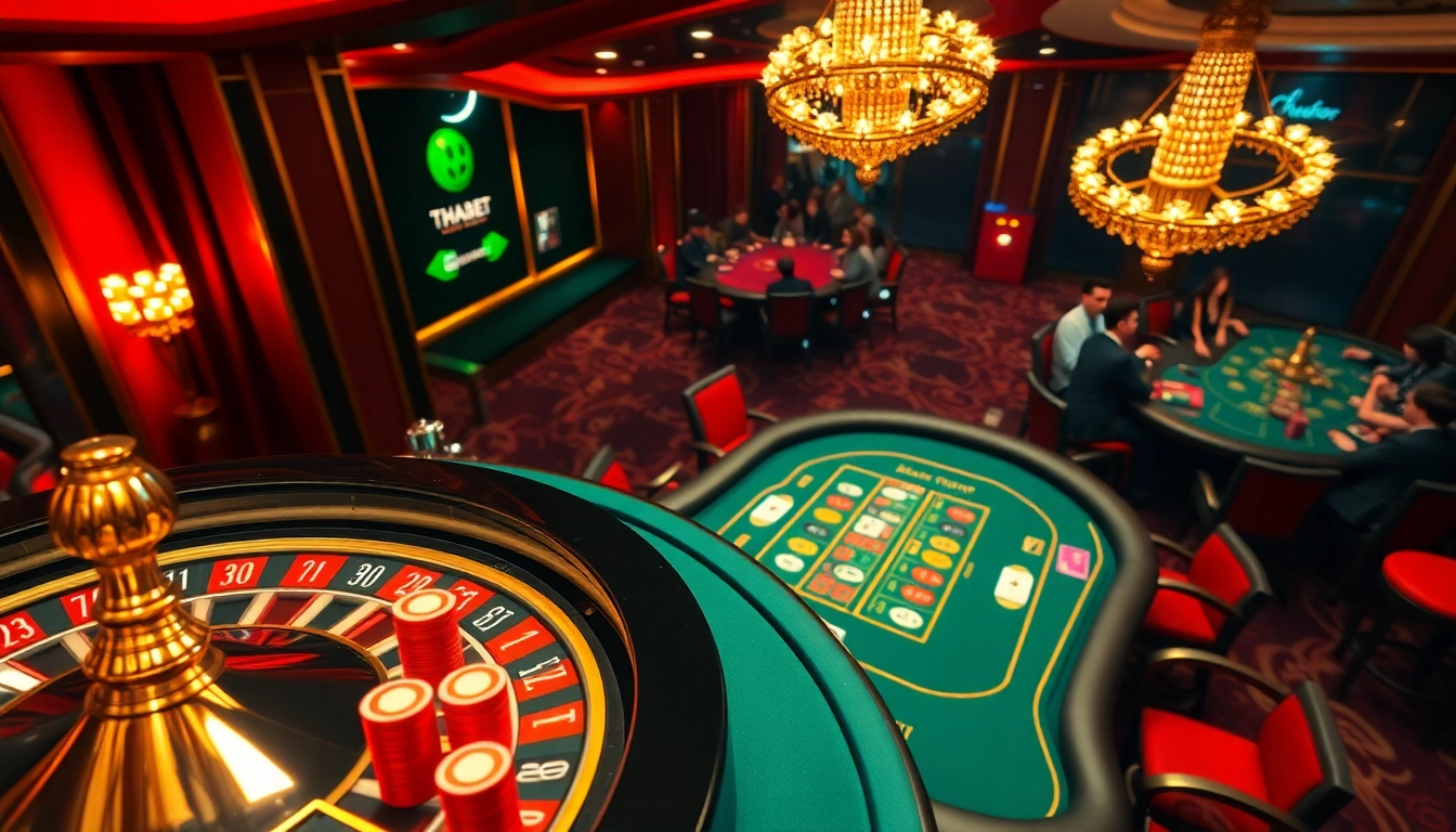 Experience the excitement of Thabet's casino with vibrant gameplay at poker tables and roulette wheels.