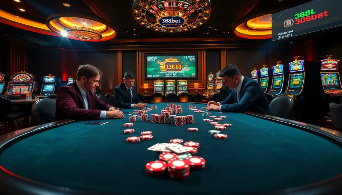 Play poker at a luxurious casino table showcasing 388bet's exciting gambling experience.