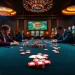 Play poker at a luxurious casino table showcasing 388bet's exciting gambling experience.