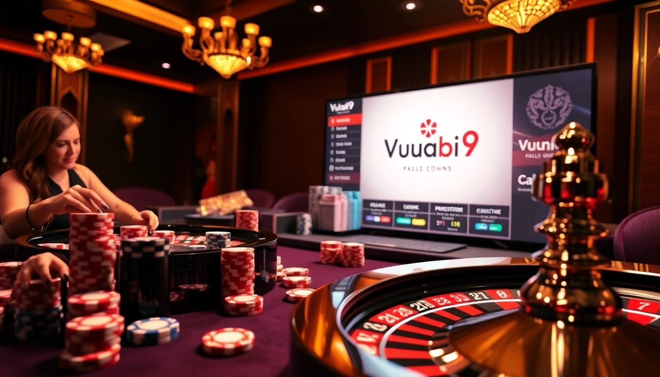 Experience the thrill of winning at Vuabai9, featuring a vibrant casino scene with poker chips and roulette.