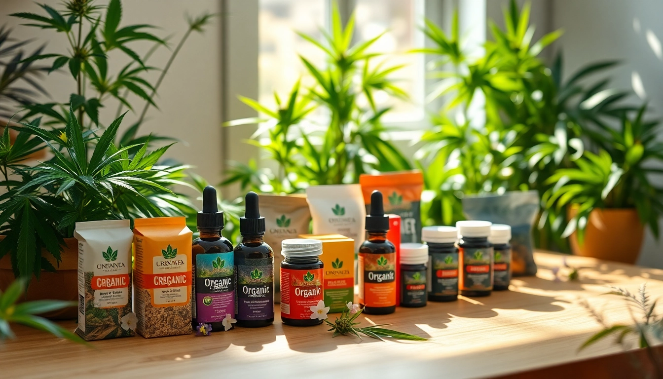 Showcasing cannabis products with vibrant packaging on a well-lit wooden table surrounded by greenery.