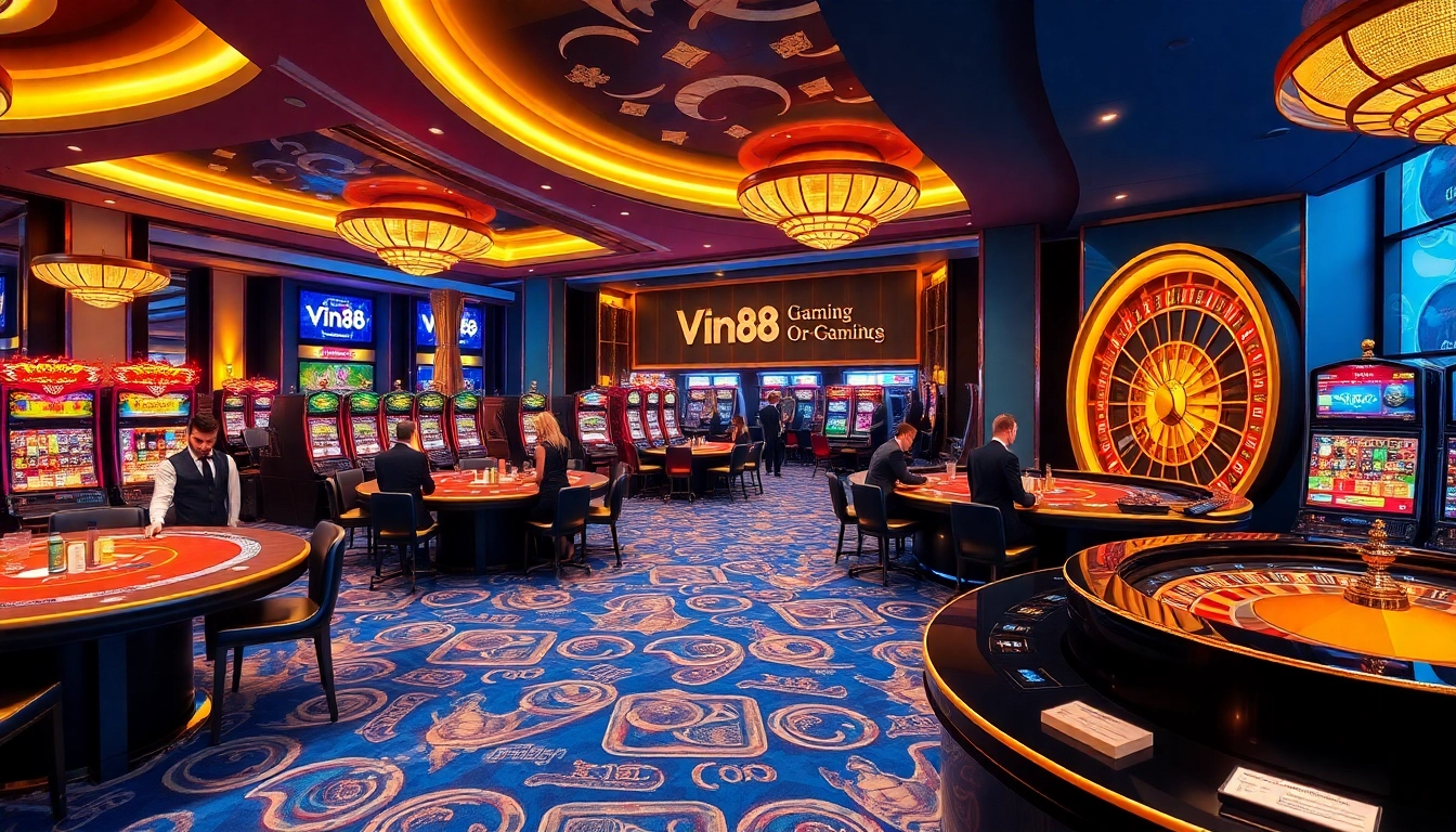 Experience the thrill of Vin88 with exciting casino games and vibrant poker tables in action.
