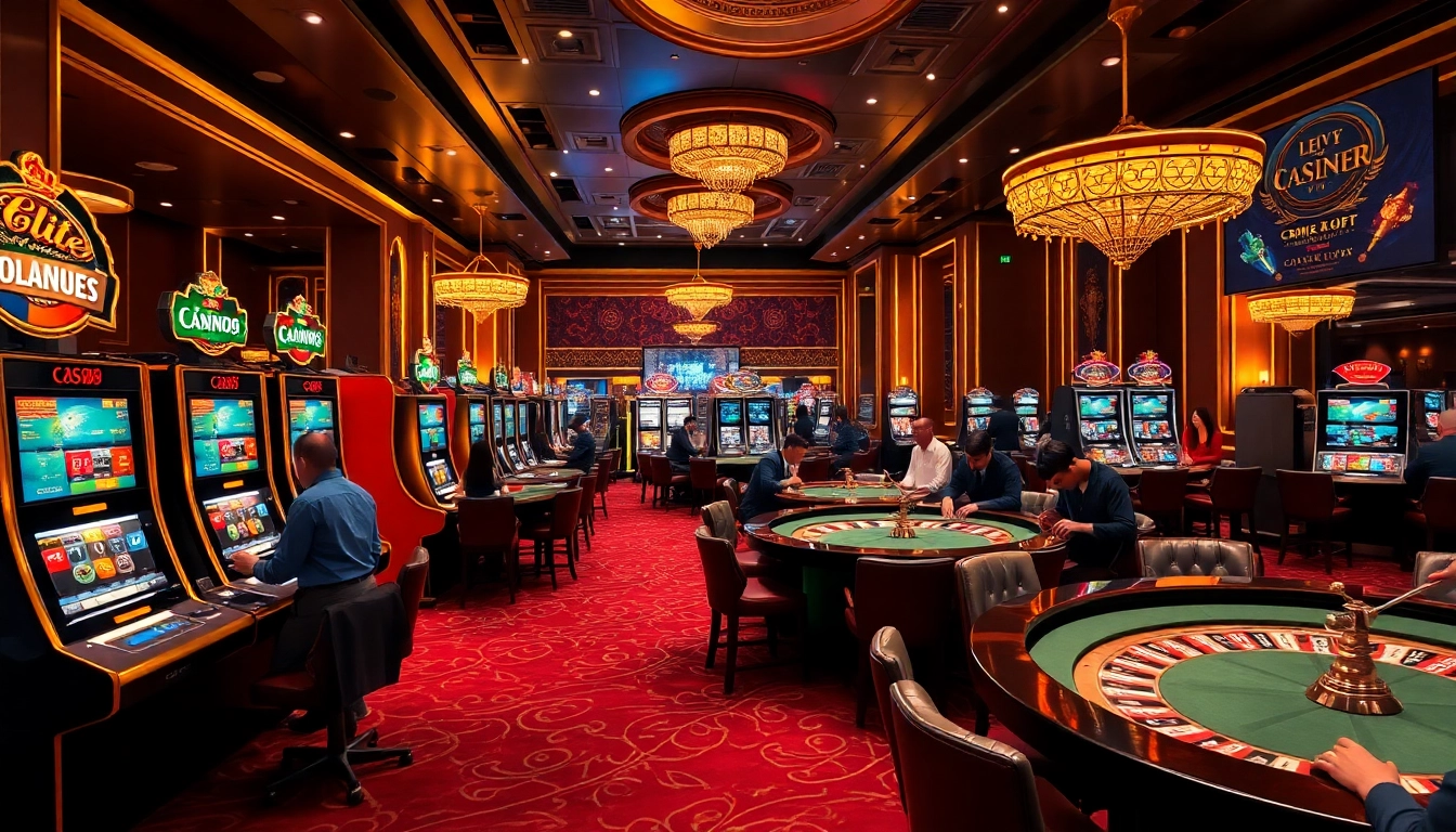 Exciting gaming scene at a luxurious casino with nova88 branding, showcasing lively poker and slot machine action.