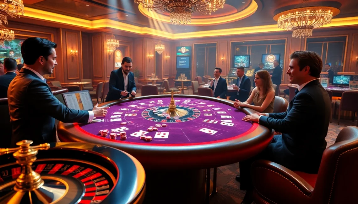 Engaged players at a vmax game table in a luxurious casino setting.