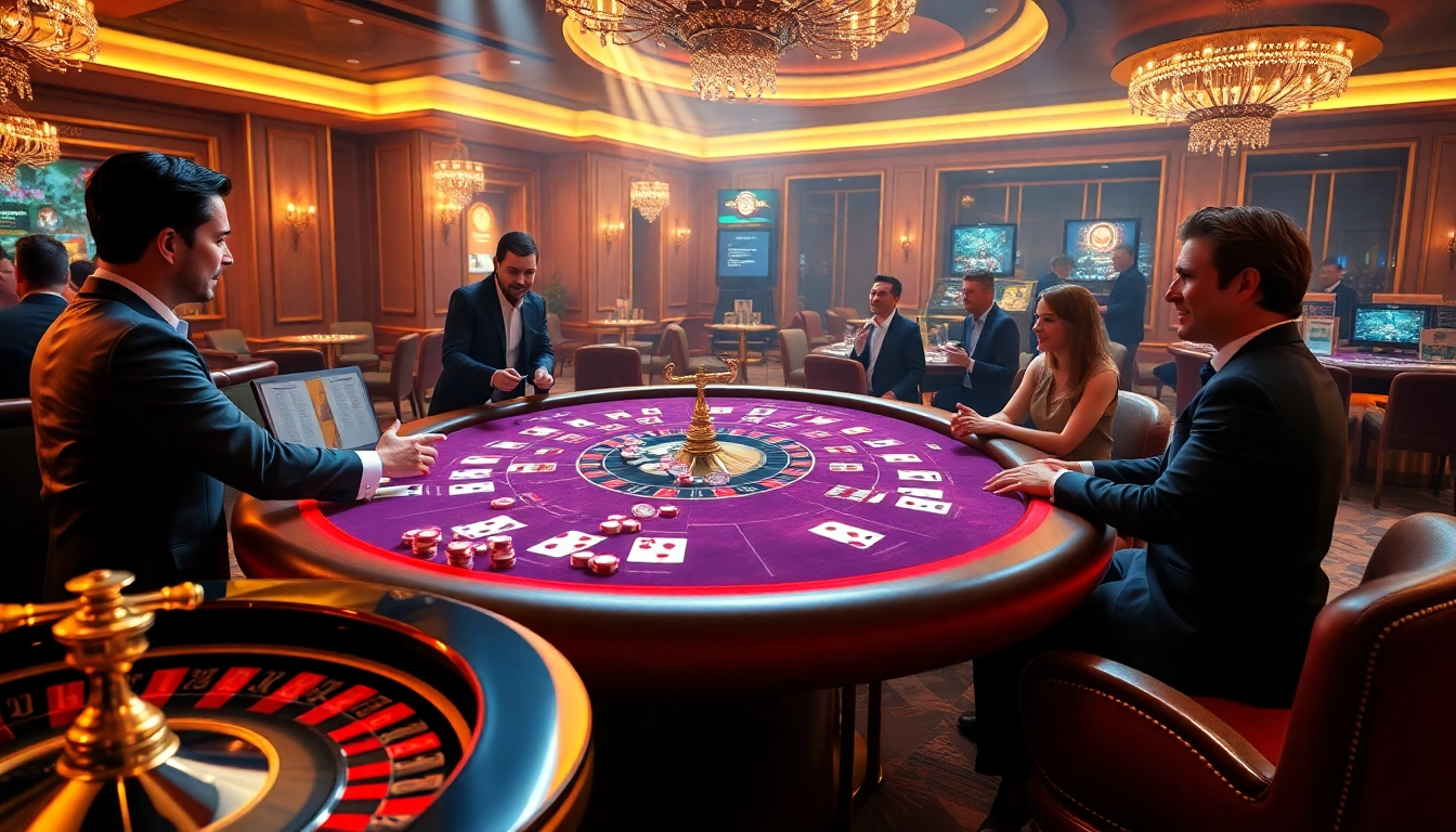 Engaged players at a vmax game table in a luxurious casino setting.