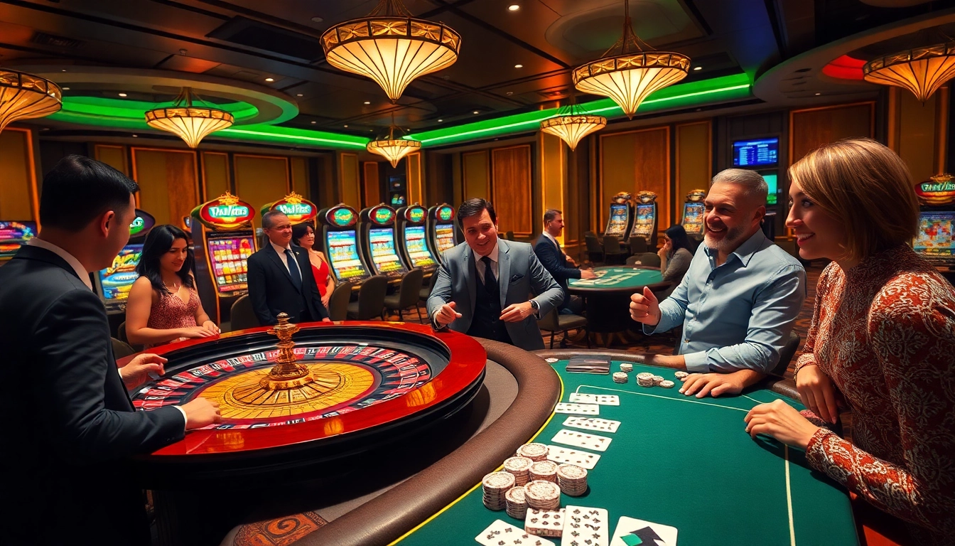 VMAX casino players celebrate a victory at an elegant roulette table surrounded by vibrant slot machines.