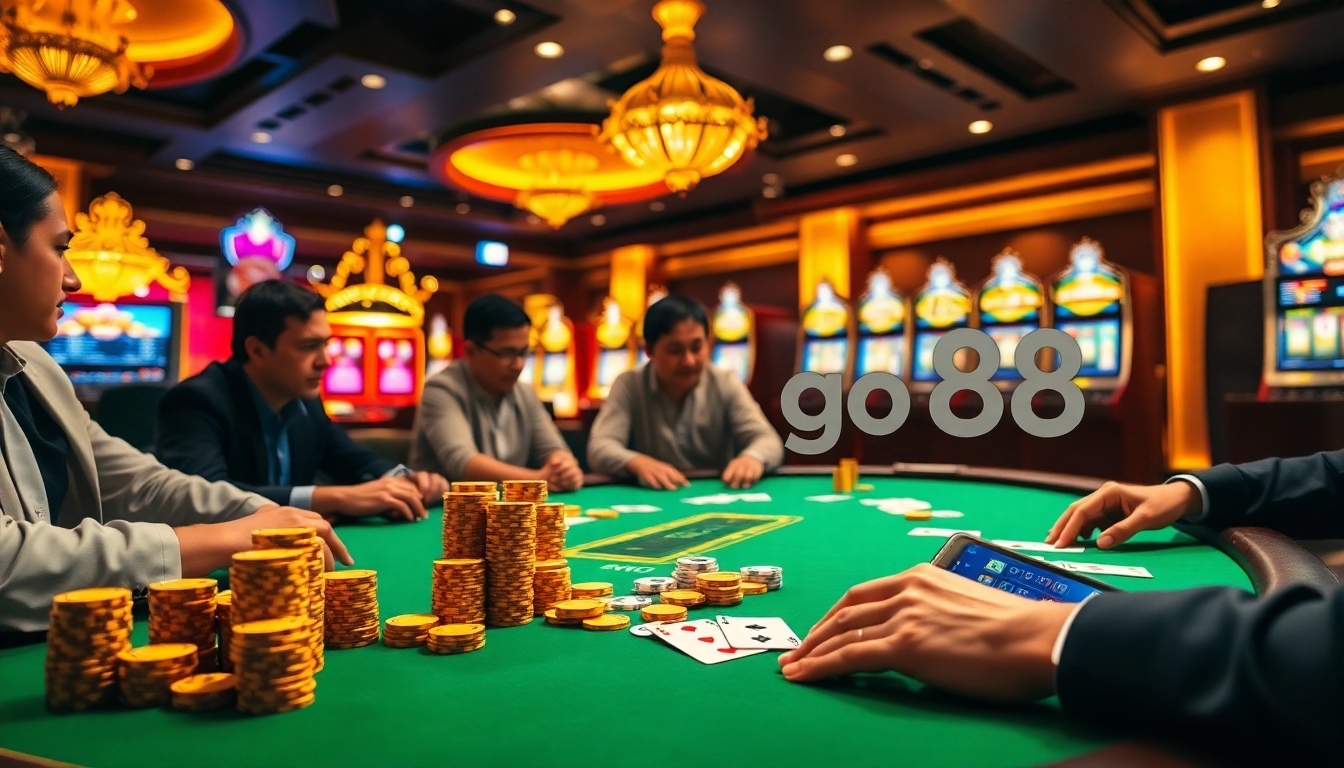 Experience the thrill of poker at go88's luxurious casino game tables with vibrant chips and intense competition.
