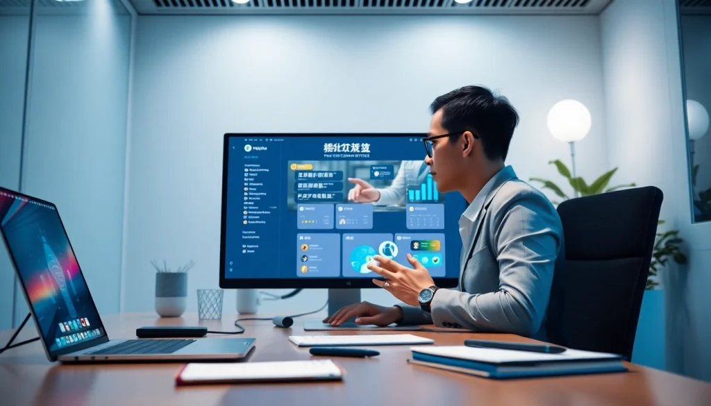 通过展示 AI 客服工具的现代工作区，探索美洽官网的功能。