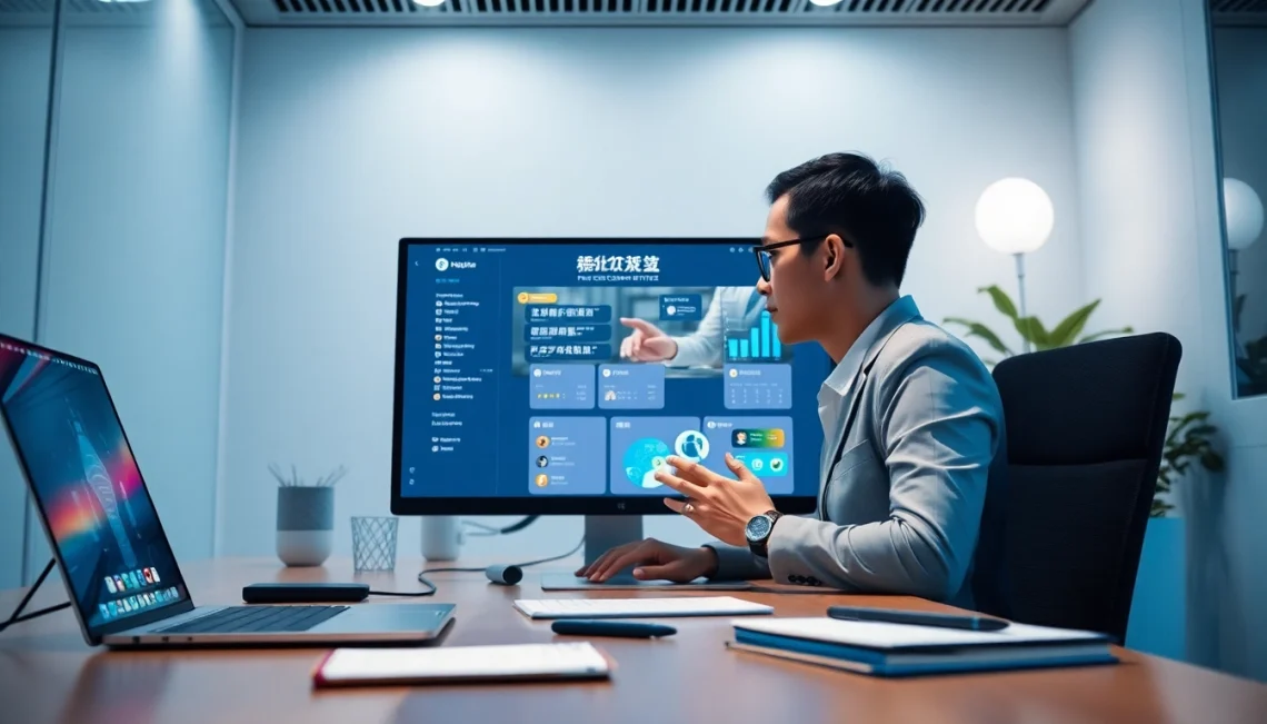 通过展示 AI 客服工具的现代工作区，探索美洽官网的功能。