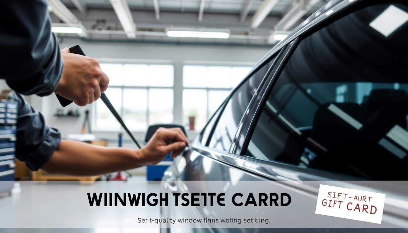 Enhance your vehicle with a window tint gift card featuring a professional installation scene.