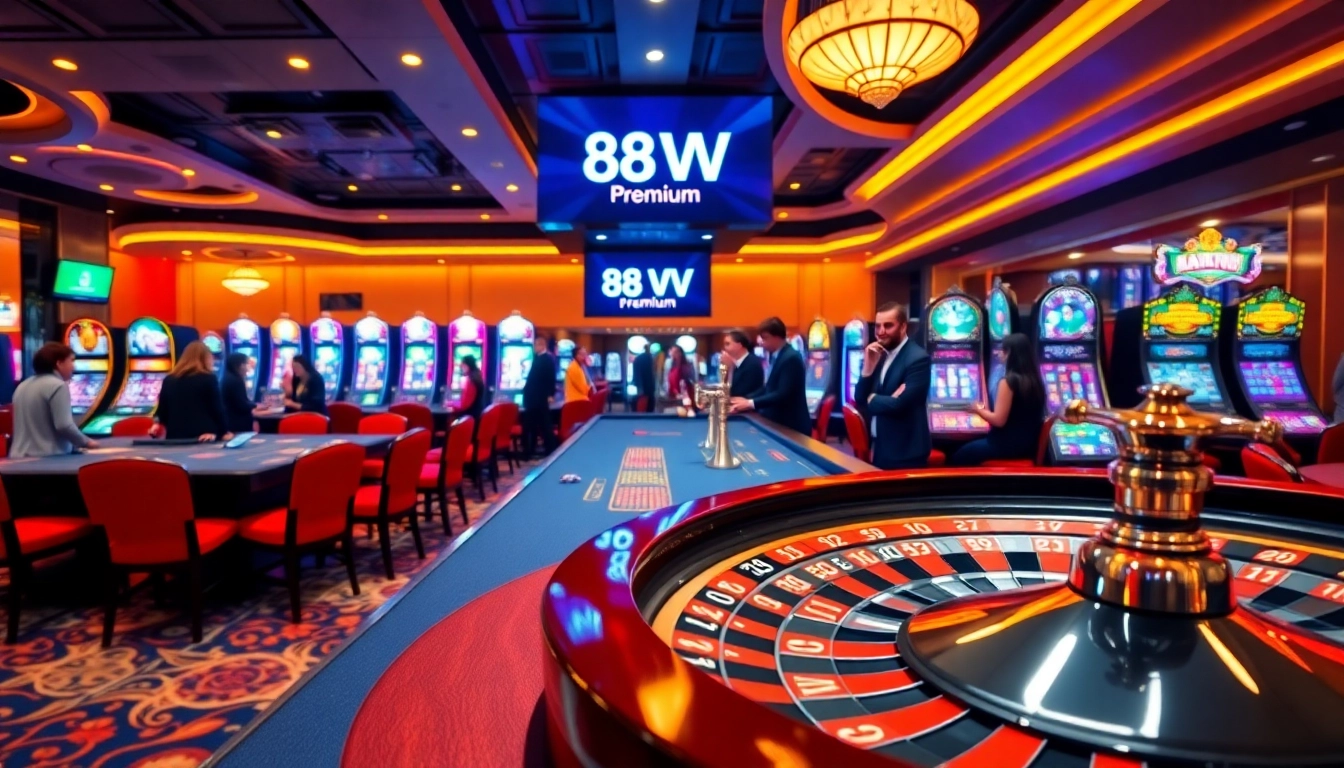 88VV players engaged in an exciting casino environment with colorful tables and roulette wheel.
