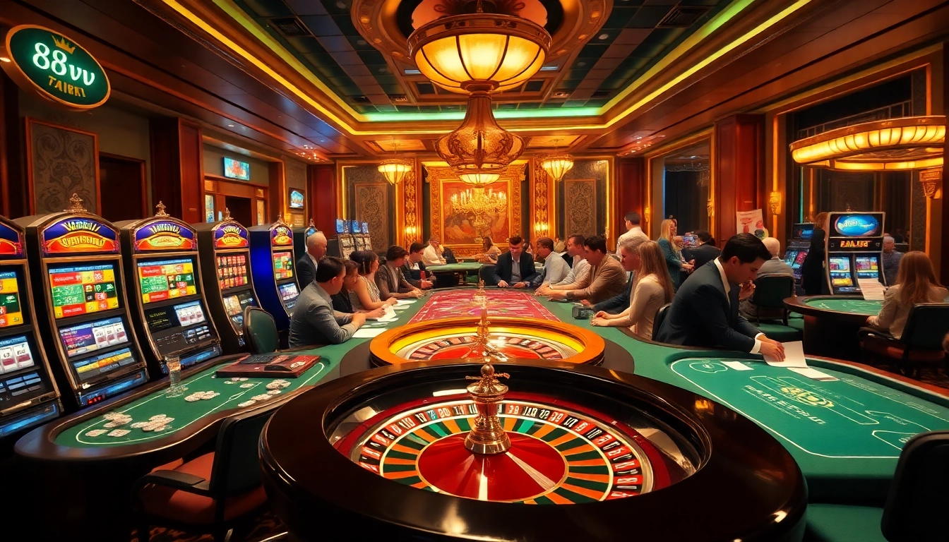 Experience the thrill of gambling at 88vv, featuring vibrant slot machines and poker tables.
